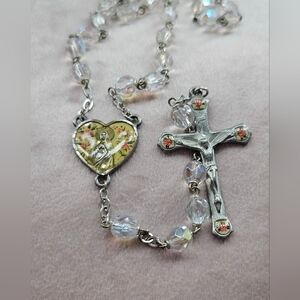 Silver Rosary Necklace with Aurora Borialis Crystal Beads